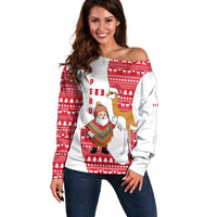 Peru Christmas Off Shoulder Sweater with Santa Claus Vicuña Andean Poncho and Red Festive Pattern Design - Wonder Print Shop