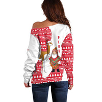 Peru Christmas Off Shoulder Sweater with Santa Claus Vicuña Andean Poncho and Red Festive Pattern Design - Wonder Print Shop