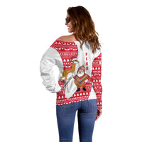 Peru Christmas Off Shoulder Sweater with Santa Claus Vicuña Andean Poncho and Red Festive Pattern Design - Wonder Print Shop
