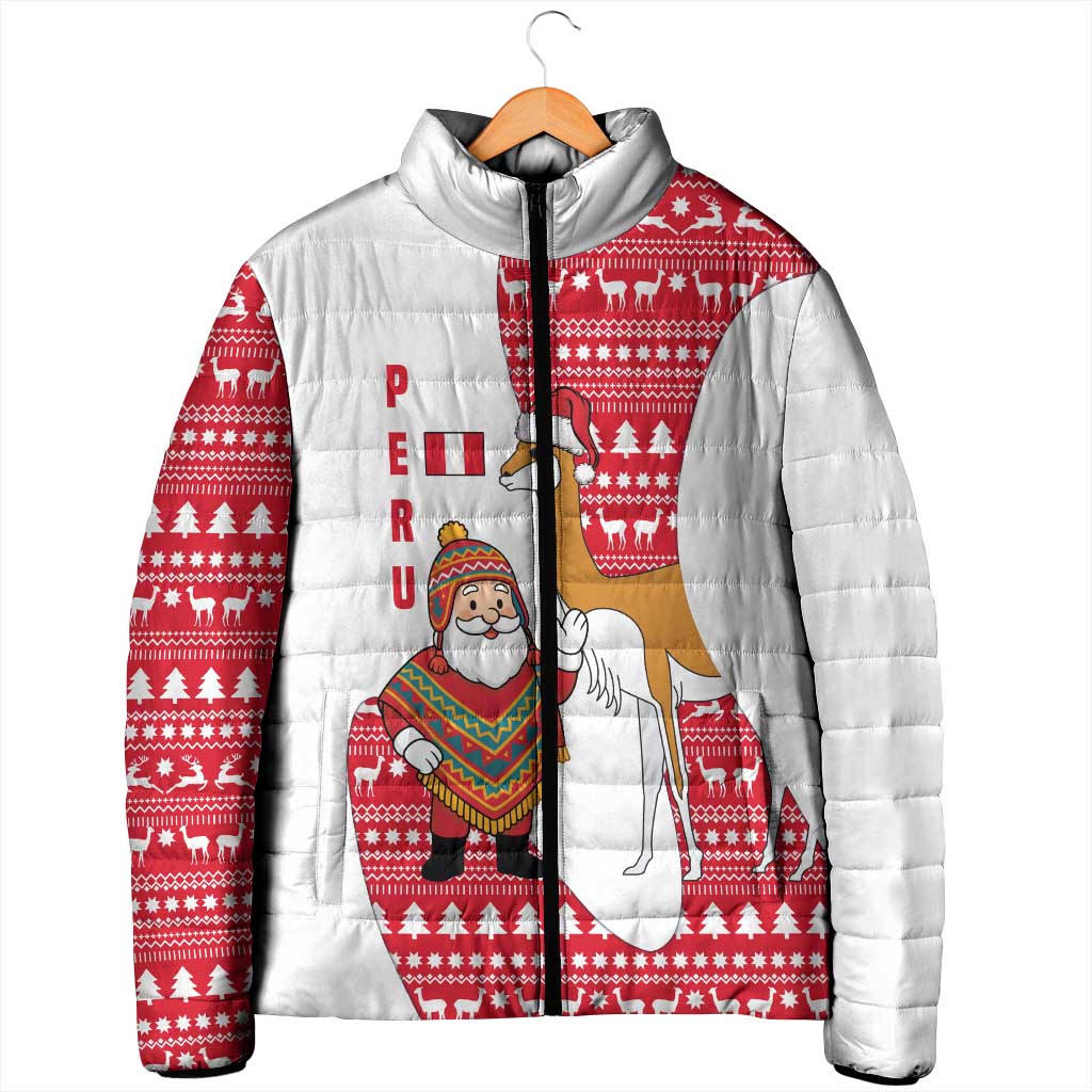 Peru Christmas Padded Jacket with Santa Claus Vicuña Andean Poncho and Red Festive Pattern Design - Wonder Print Shop