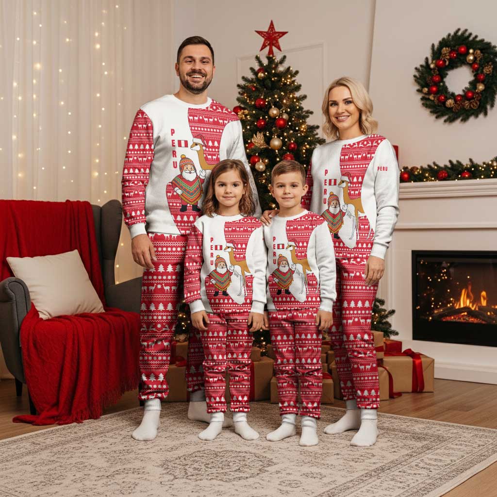 Peru Christmas Pajama Set with Santa Claus Vicuña Andean Poncho and Red Festive Pattern Design - Wonder Print Shop
