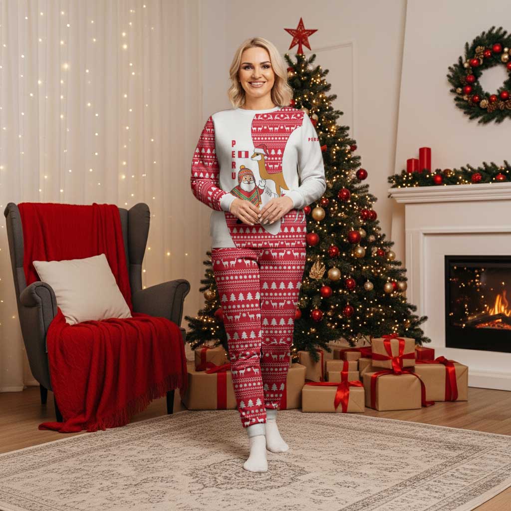 Peru Christmas Pajama Set with Santa Claus Vicuña Andean Poncho and Red Festive Pattern Design - Wonder Print Shop