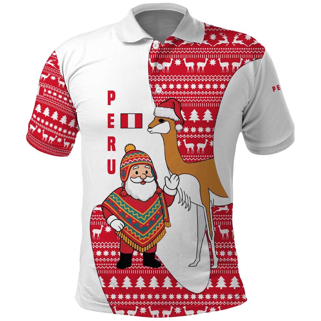 Peru Christmas Polo Shirt with Santa Claus Vicuña Andean Poncho and Red Festive Pattern Design - Wonder Print Shop