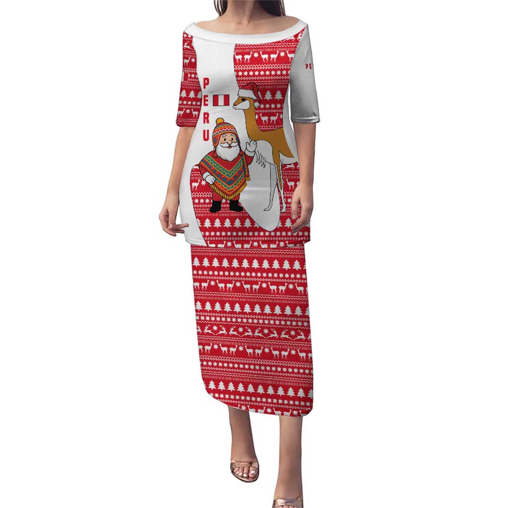 Peru Christmas Puletasi with Santa Claus Vicuña Andean Poncho and Red Festive Pattern Design - Wonder Print Shop