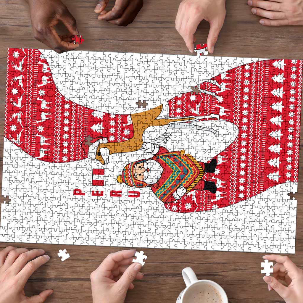 Peru Christmas Puzzle with Santa Claus Vicuña Andean Poncho and Red Festive Pattern Design - Wonder Print Shop