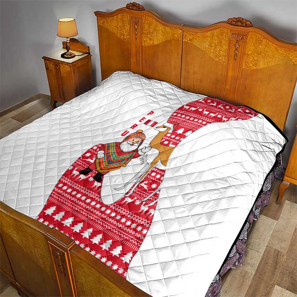 Peru Christmas Quilt with Santa Claus Vicuña Andean Poncho and Red Festive Pattern Design - Wonder Print Shop