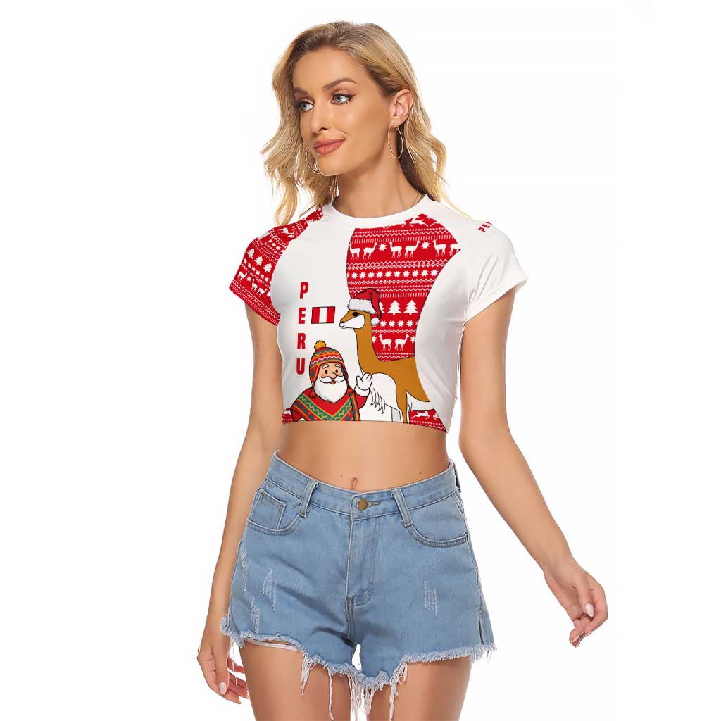 Peru Christmas Raglan Cropped T Shirt with Santa Claus Vicuña Andean Poncho and Red Festive Pattern Design - Wonder Print Shop