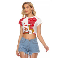 Peru Christmas Raglan Cropped T Shirt with Santa Claus Vicuña Andean Poncho and Red Festive Pattern Design - Wonder Print Shop