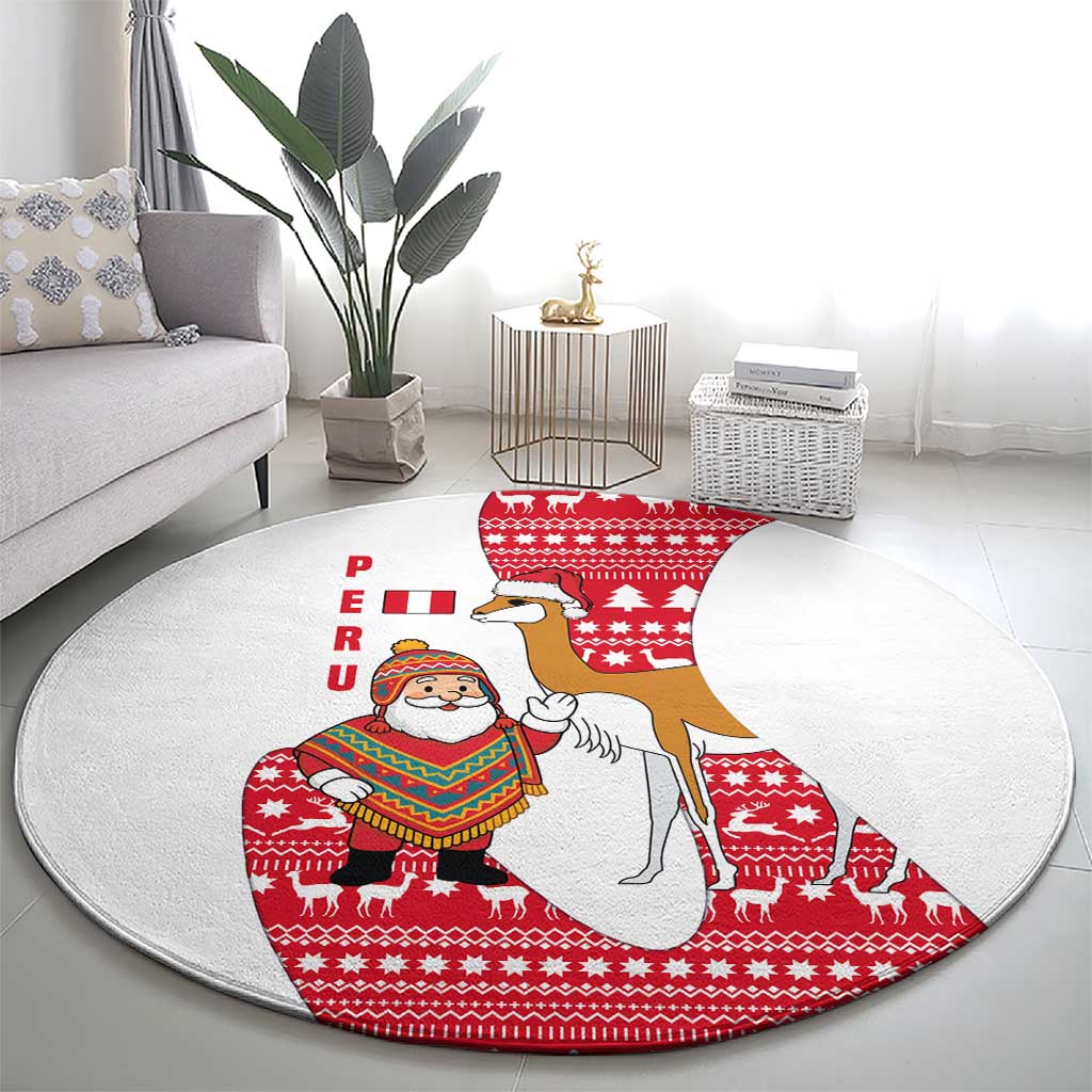 Peru Christmas Round Carpet with Santa Claus Vicuña Andean Poncho and Red Festive Pattern Design - Wonder Print Shop