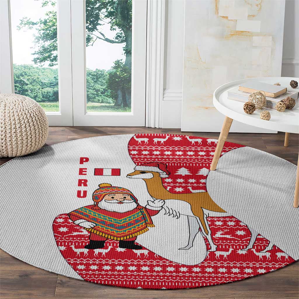 Peru Christmas Round Carpet with Santa Claus Vicuña Andean Poncho and Red Festive Pattern Design - Wonder Print Shop