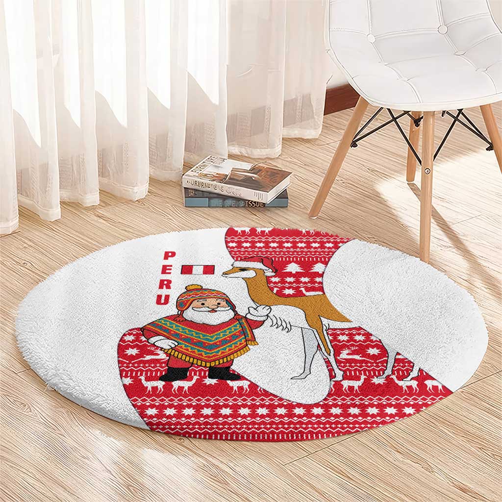 Peru Christmas Round Carpet with Santa Claus Vicuña Andean Poncho and Red Festive Pattern Design - Wonder Print Shop
