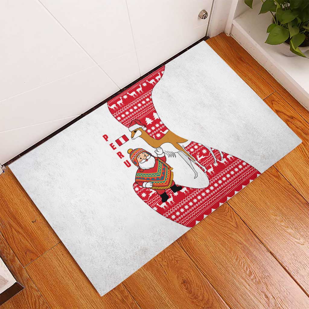 Peru Christmas Rubber Doormat with Santa Claus Vicuña Andean Poncho and Red Festive Pattern Design - Wonder Print Shop