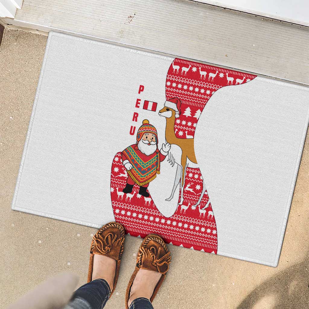 Peru Christmas Rubber Doormat with Santa Claus Vicuña Andean Poncho and Red Festive Pattern Design - Wonder Print Shop