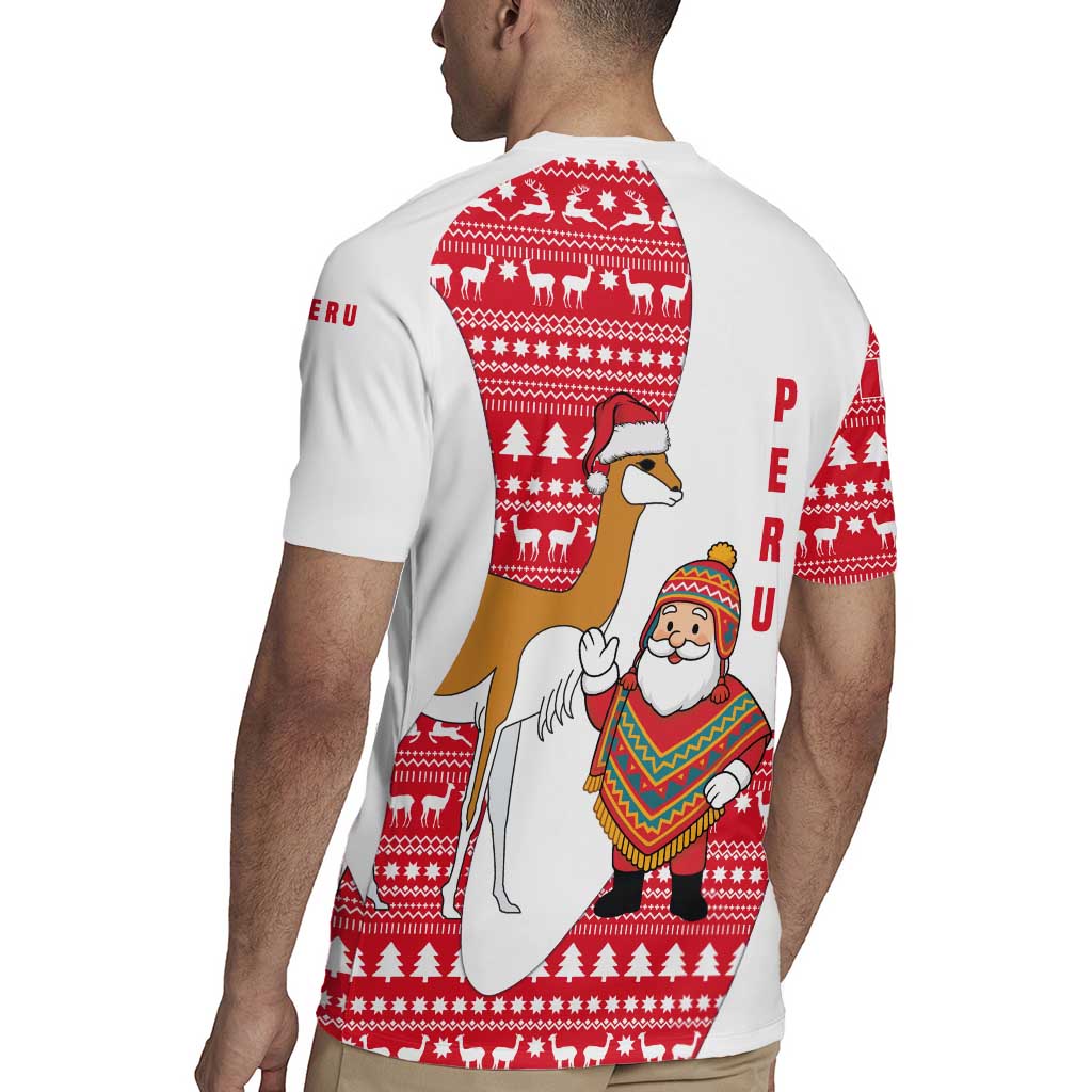 Peru Christmas Rugby Jersey with Santa Claus Vicuña Andean Poncho and Red Festive Pattern Design - Wonder Print Shop