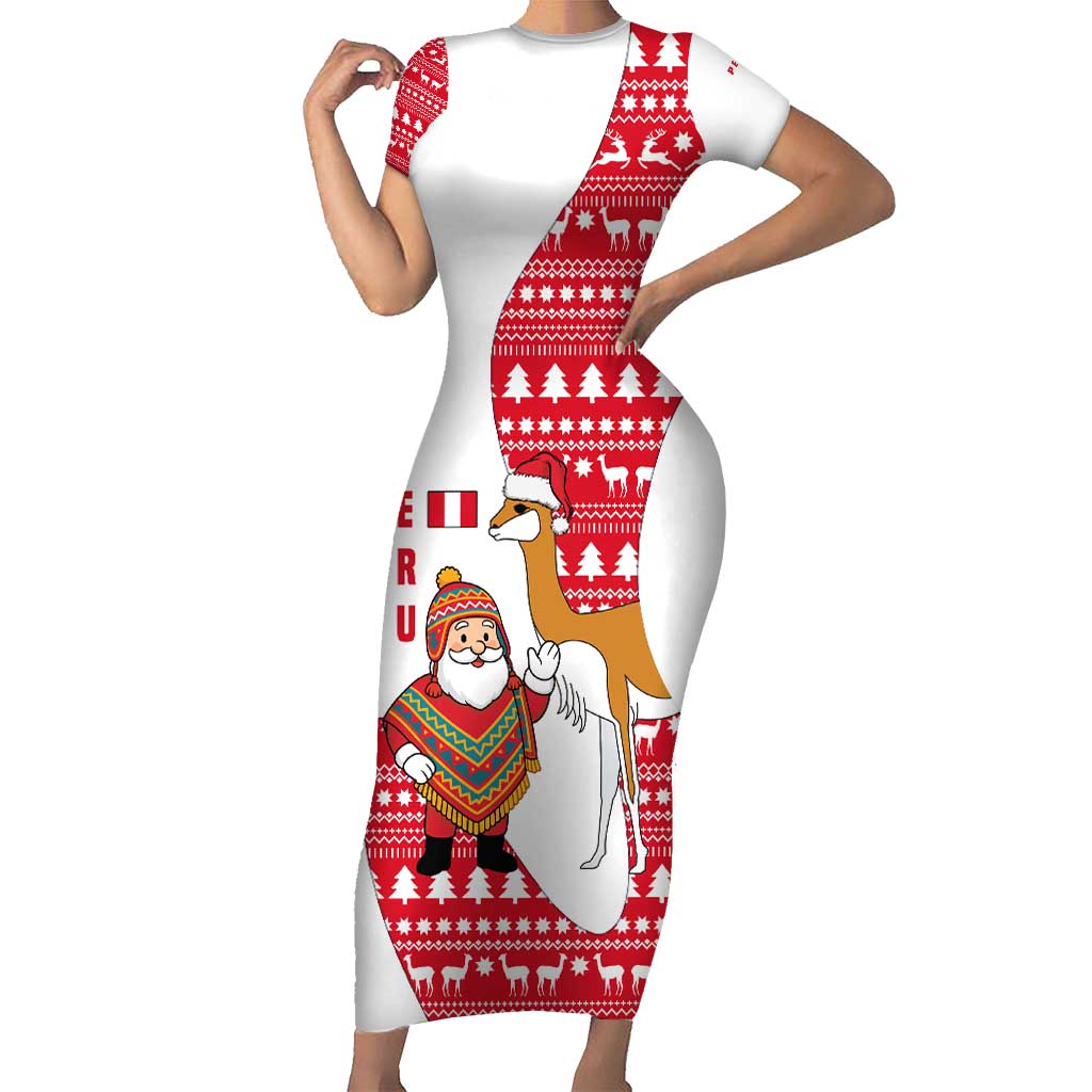 Peru Christmas Short Sleeve Bodycon Dress with Santa Claus Vicuña Andean Poncho and Red Festive Pattern Design - Wonder Print Shop