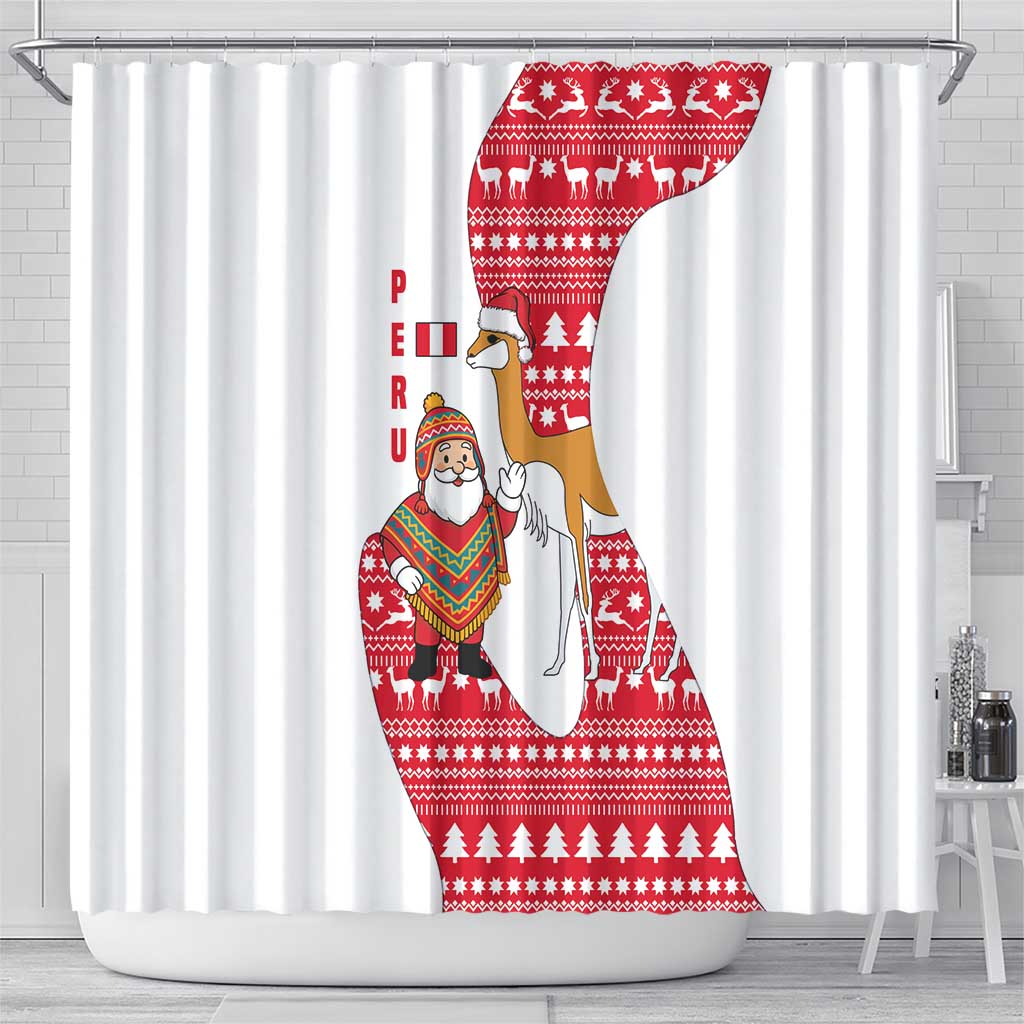 Peru Christmas Shower Curtain with Santa Claus Vicuña Andean Poncho and Red Festive Pattern Design - Wonder Print Shop