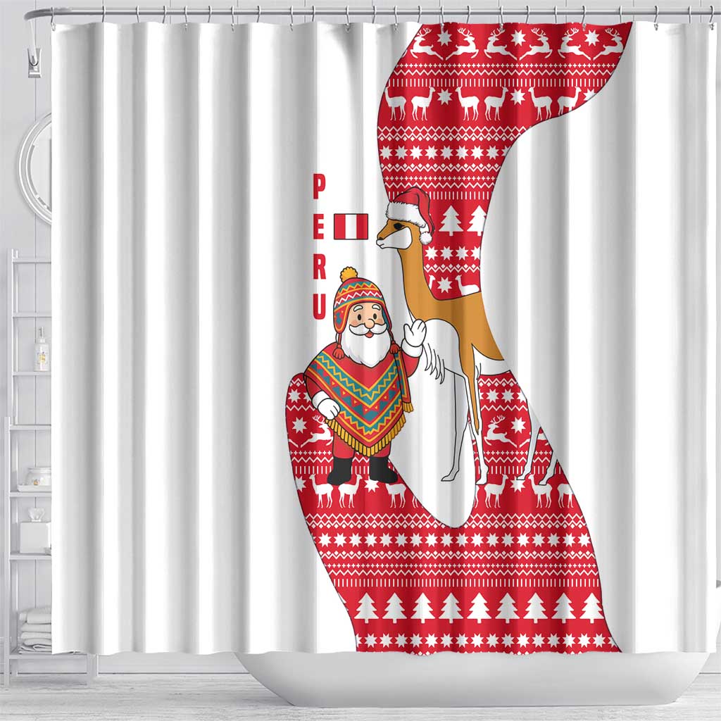 Peru Christmas Shower Curtain with Santa Claus Vicuña Andean Poncho and Red Festive Pattern Design - Wonder Print Shop