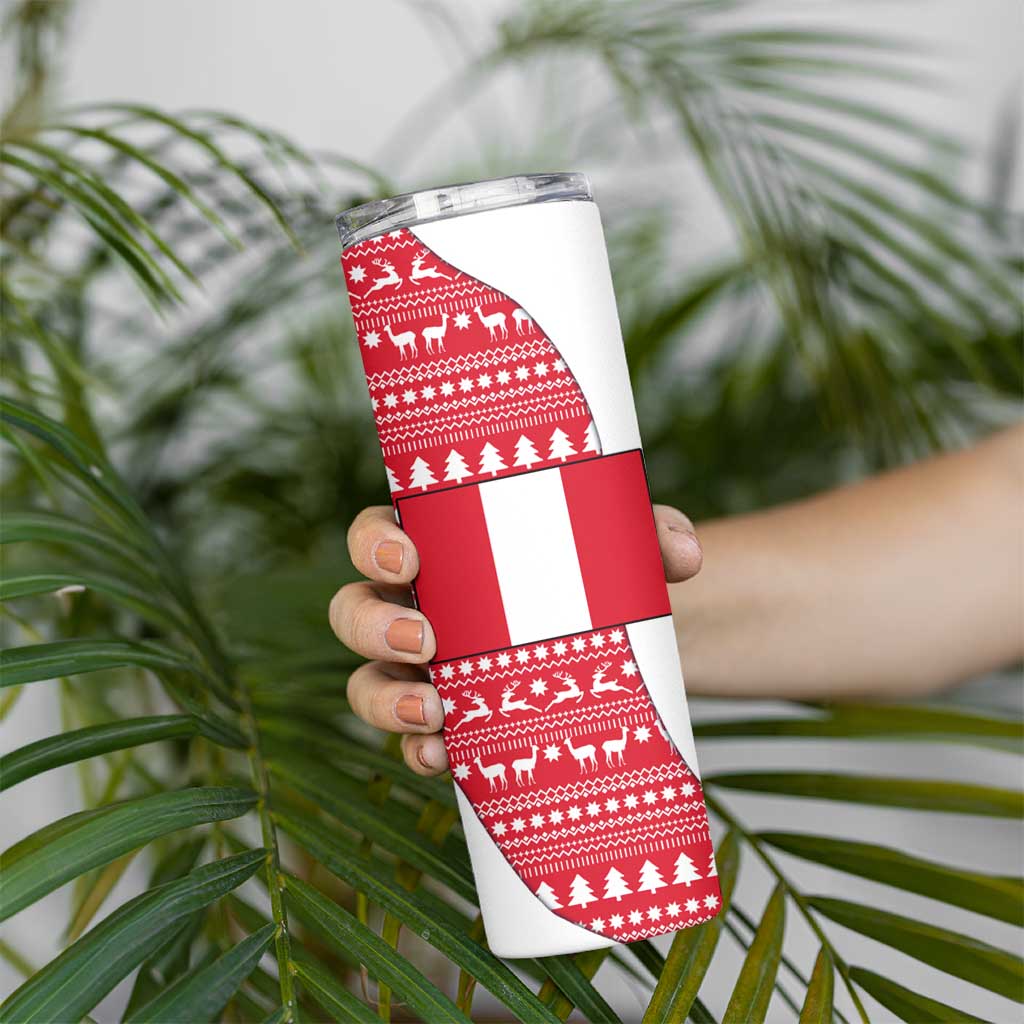 Peru Christmas Skinny Tumbler with Santa Claus Vicuña Andean Poncho and Red Festive Pattern Design - Wonder Print Shop