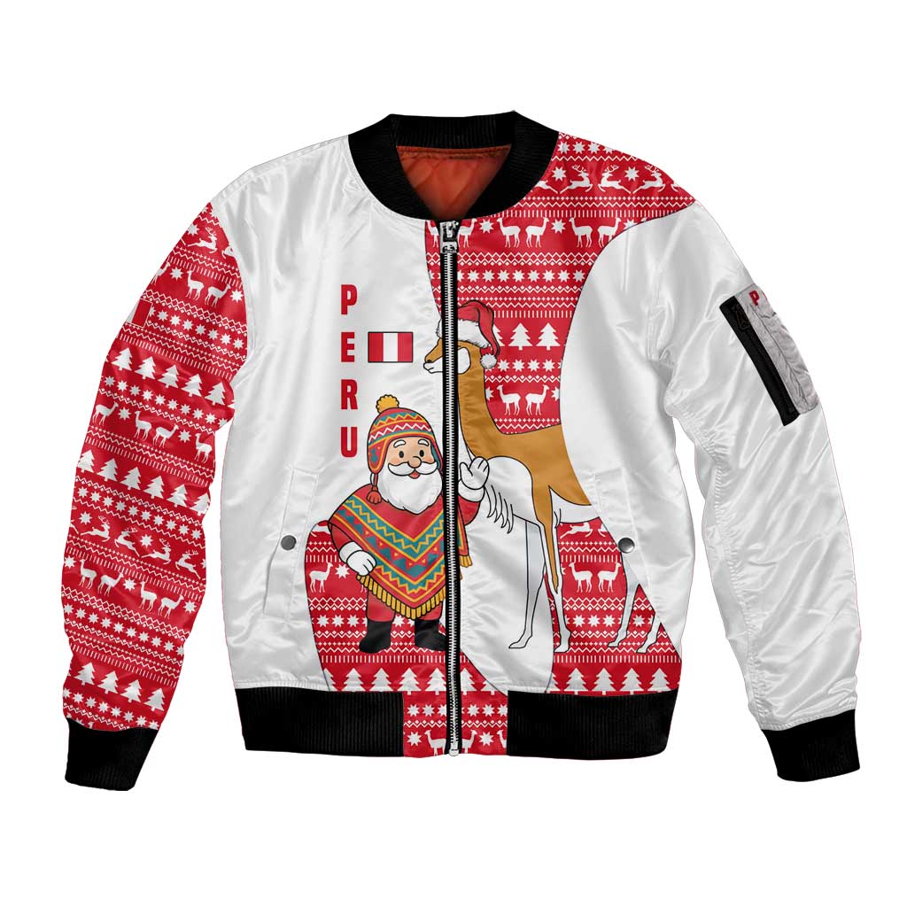 Peru Christmas Sleeve Zip Bomber Jacket with Santa Claus Vicuña Andean Poncho and Red Festive Pattern Design - Wonder Print Shop