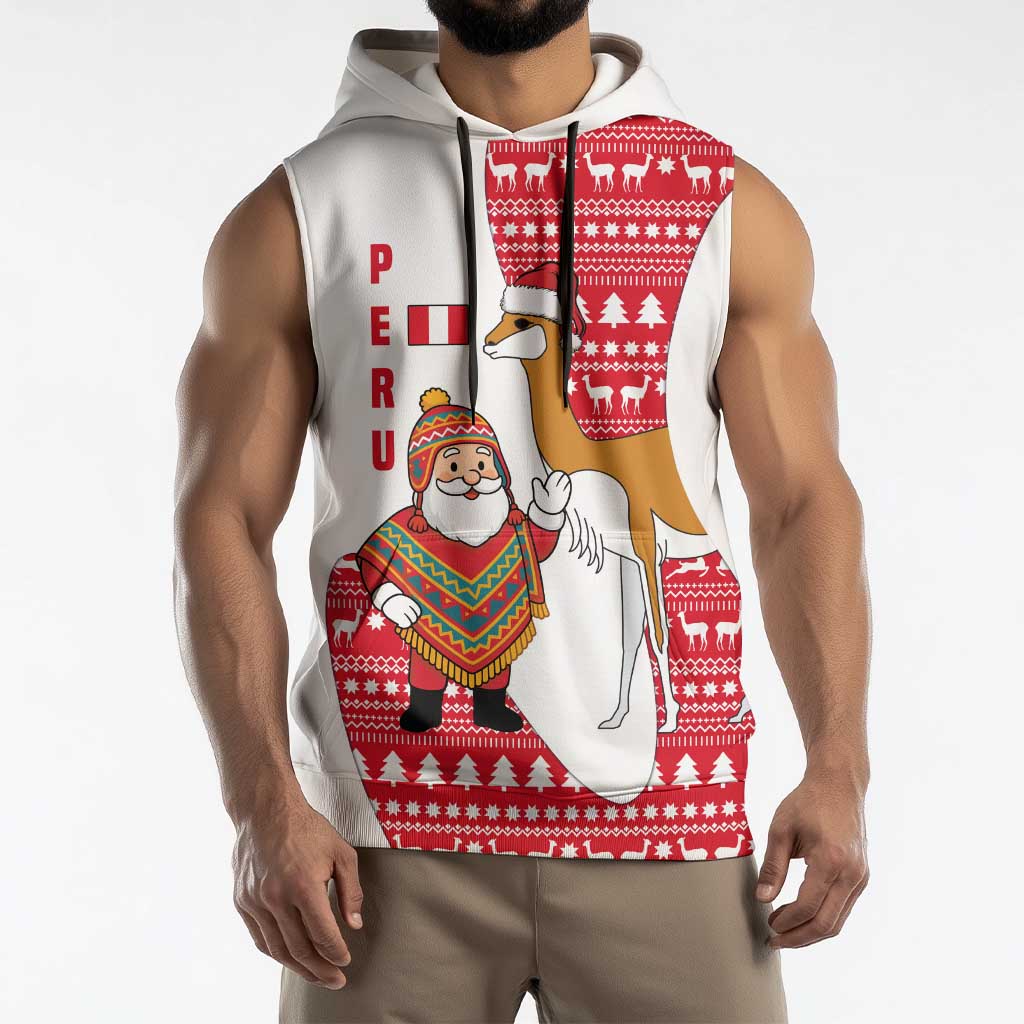 Peru Christmas Sleeveless Hoodie with Santa Claus Vicuña Andean Poncho and Red Festive Pattern Design - Wonder Print Shop