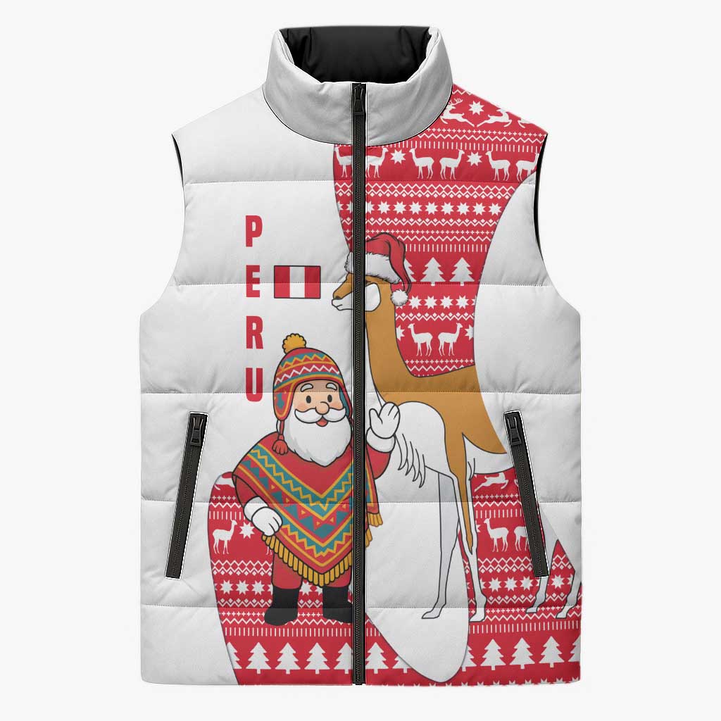 Peru Christmas Sleeveless Puffer Jacket with Santa Claus Vicuña Andean Poncho and Red Festive Pattern Design - Wonder Print Shop