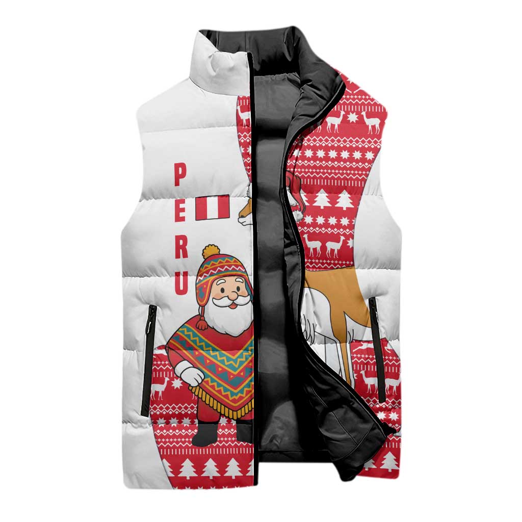 Peru Christmas Sleeveless Puffer Jacket with Santa Claus Vicuña Andean Poncho and Red Festive Pattern Design - Wonder Print Shop