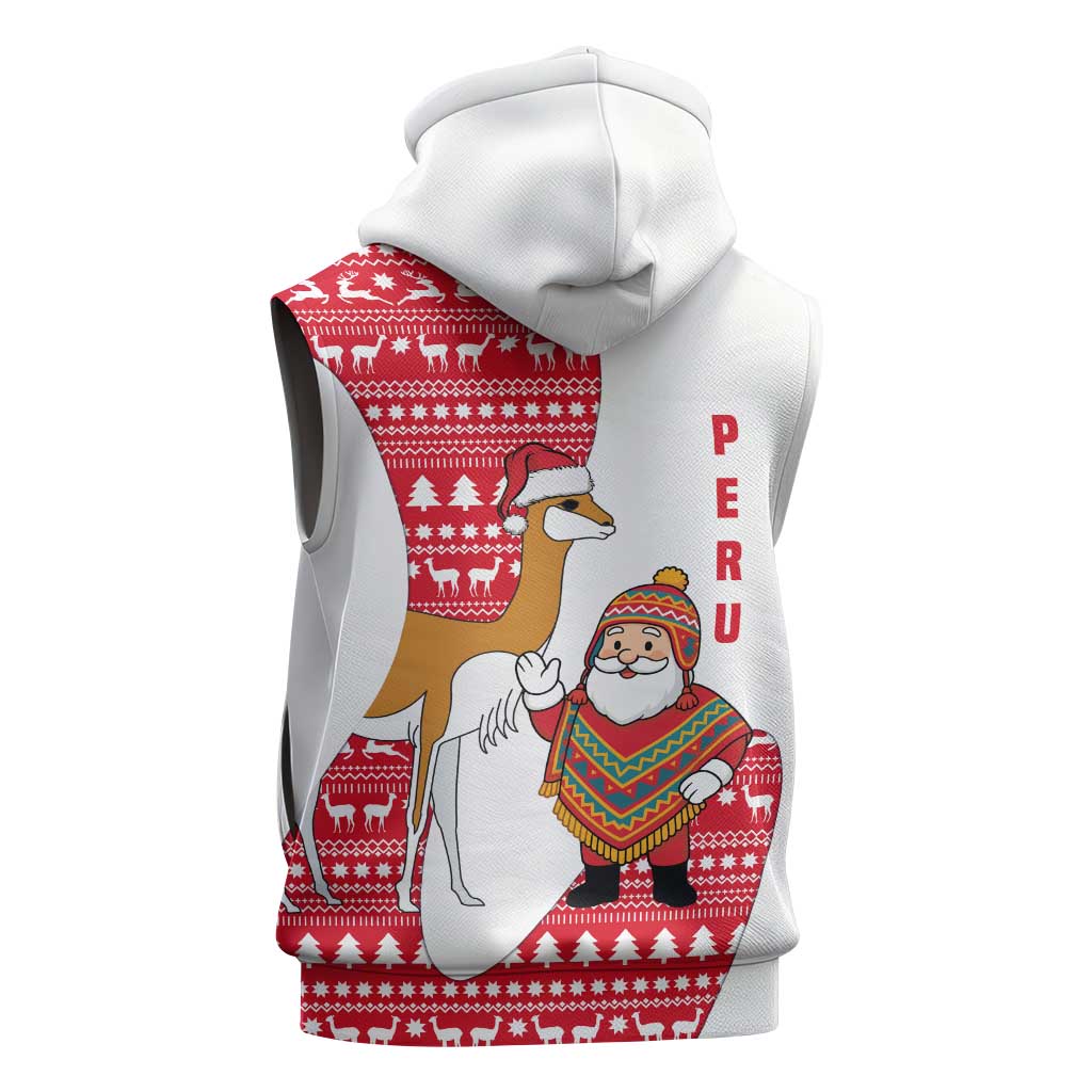 Peru Christmas Sleeveless Zip Hoodie with Santa Claus Vicuña Andean Poncho and Red Festive Pattern Design - Wonder Print Shop