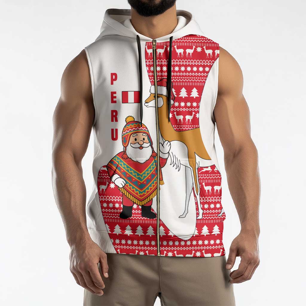 Peru Christmas Sleeveless Zip Hoodie with Santa Claus Vicuña Andean Poncho and Red Festive Pattern Design - Wonder Print Shop