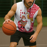 Peru Christmas Sleeveless Zip Hoodie with Santa Claus Vicuña Andean Poncho and Red Festive Pattern Design - Wonder Print Shop