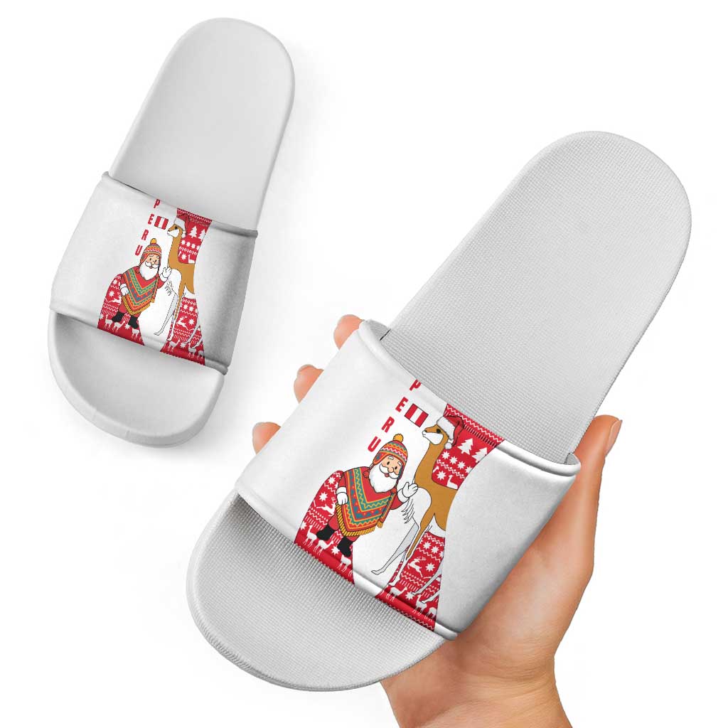 Peru Christmas Slide Sandals with Santa Claus Vicuña Andean Poncho and Red Festive Pattern Design - Wonder Print Shop