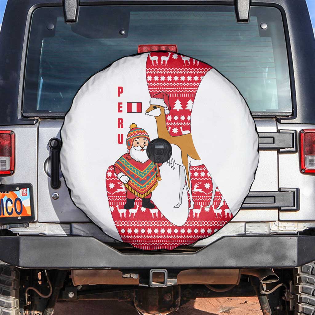 Peru Christmas Spare Tire Cover with Santa Claus Vicuña Andean Poncho and Red Festive Pattern Design - Wonder Print Shop