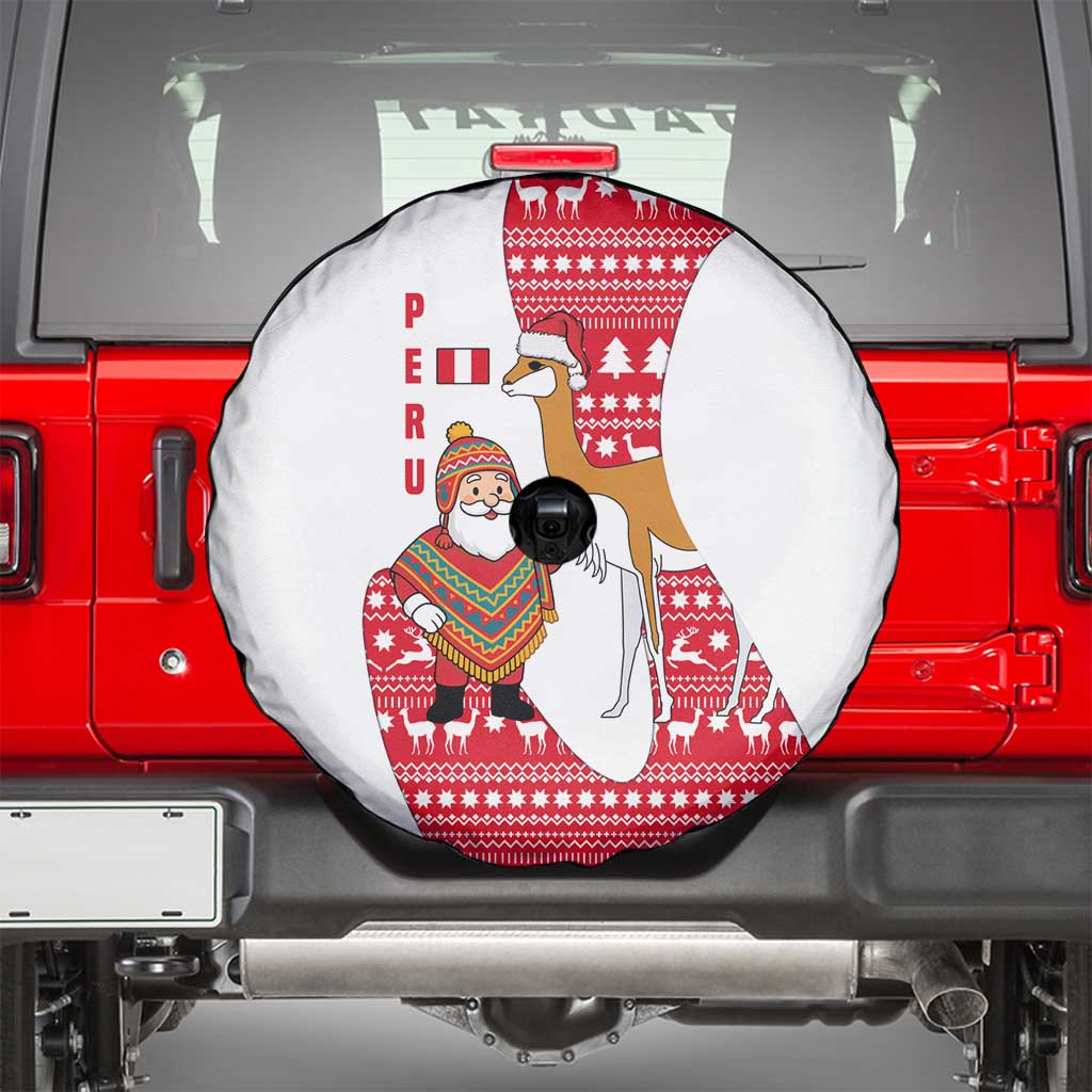 Peru Christmas Spare Tire Cover with Santa Claus Vicuña Andean Poncho and Red Festive Pattern Design - Wonder Print Shop