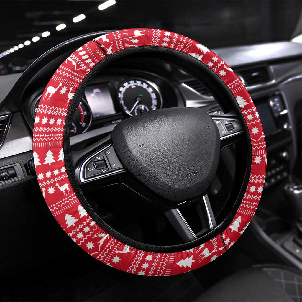 Peru Christmas Steering Wheel Cover with Santa Claus Vicuña Andean Poncho and Red Festive Pattern Design - Wonder Print Shop
