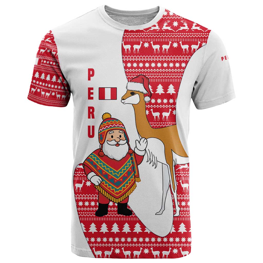 Peru Christmas T Shirt with Santa Claus Vicuña Andean Poncho and Red Festive Pattern Design - Wonder Print Shop