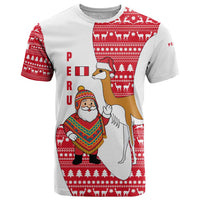 Peru Christmas T Shirt with Santa Claus Vicuña Andean Poncho and Red Festive Pattern Design - Wonder Print Shop