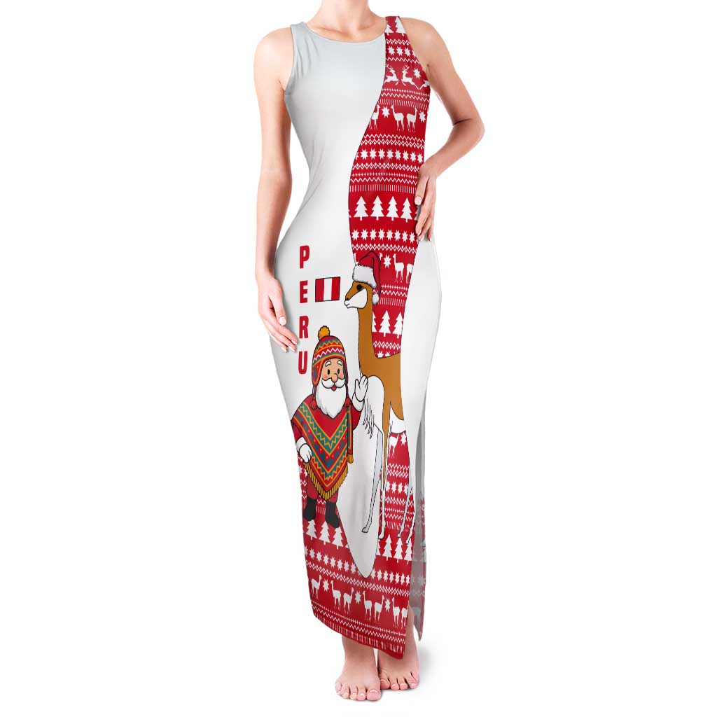 Peru Christmas Tank Maxi Dress with Santa Claus Vicuña Andean Poncho and Red Festive Pattern Design - Wonder Print Shop