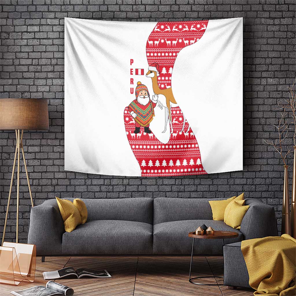 Peru Christmas Tapestry with Santa Claus Vicuña Andean Poncho and Red Festive Pattern Design - Wonder Print Shop
