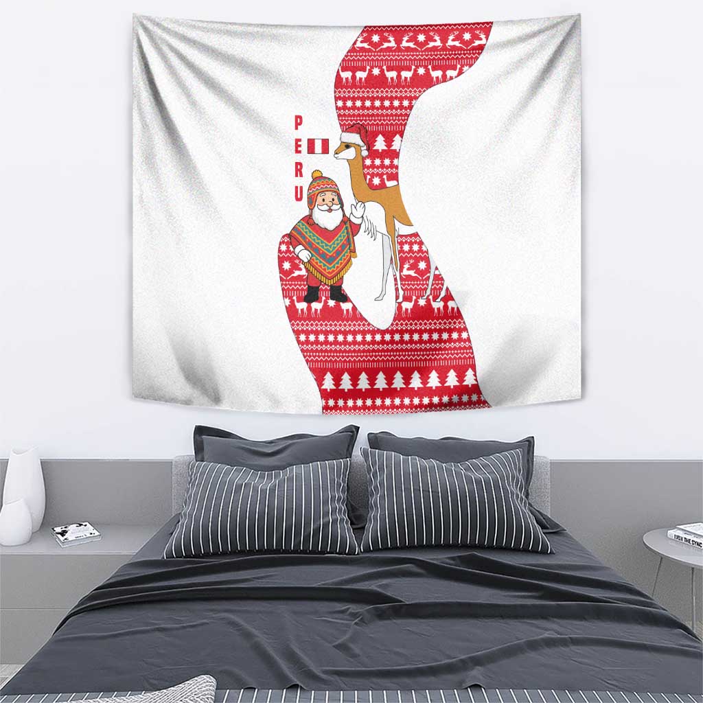 Peru Christmas Tapestry with Santa Claus Vicuña Andean Poncho and Red Festive Pattern Design - Wonder Print Shop
