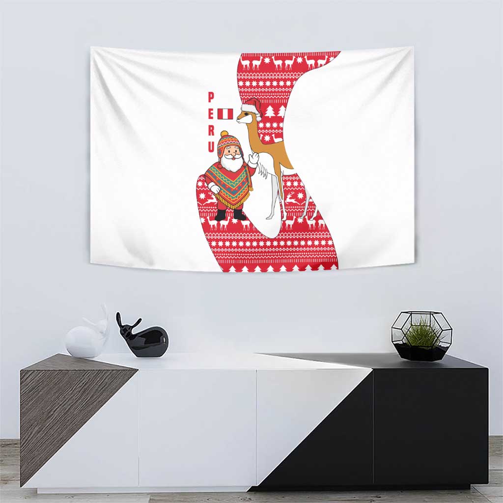 Peru Christmas Tapestry with Santa Claus Vicuña Andean Poncho and Red Festive Pattern Design - Wonder Print Shop