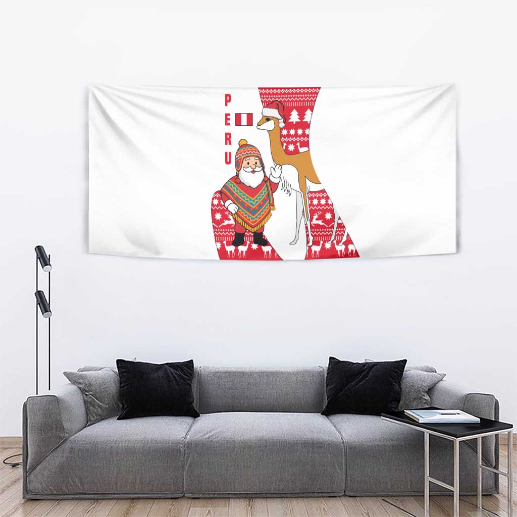 Peru Christmas Tapestry with Santa Claus Vicuña Andean Poncho and Red Festive Pattern Design - Wonder Print Shop