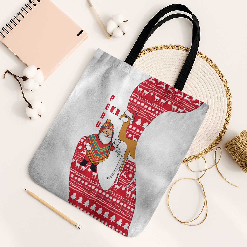 Peru Christmas Tote Bag with Santa Claus Vicuña Andean Poncho and Red Festive Pattern Design - Wonder Print Shop