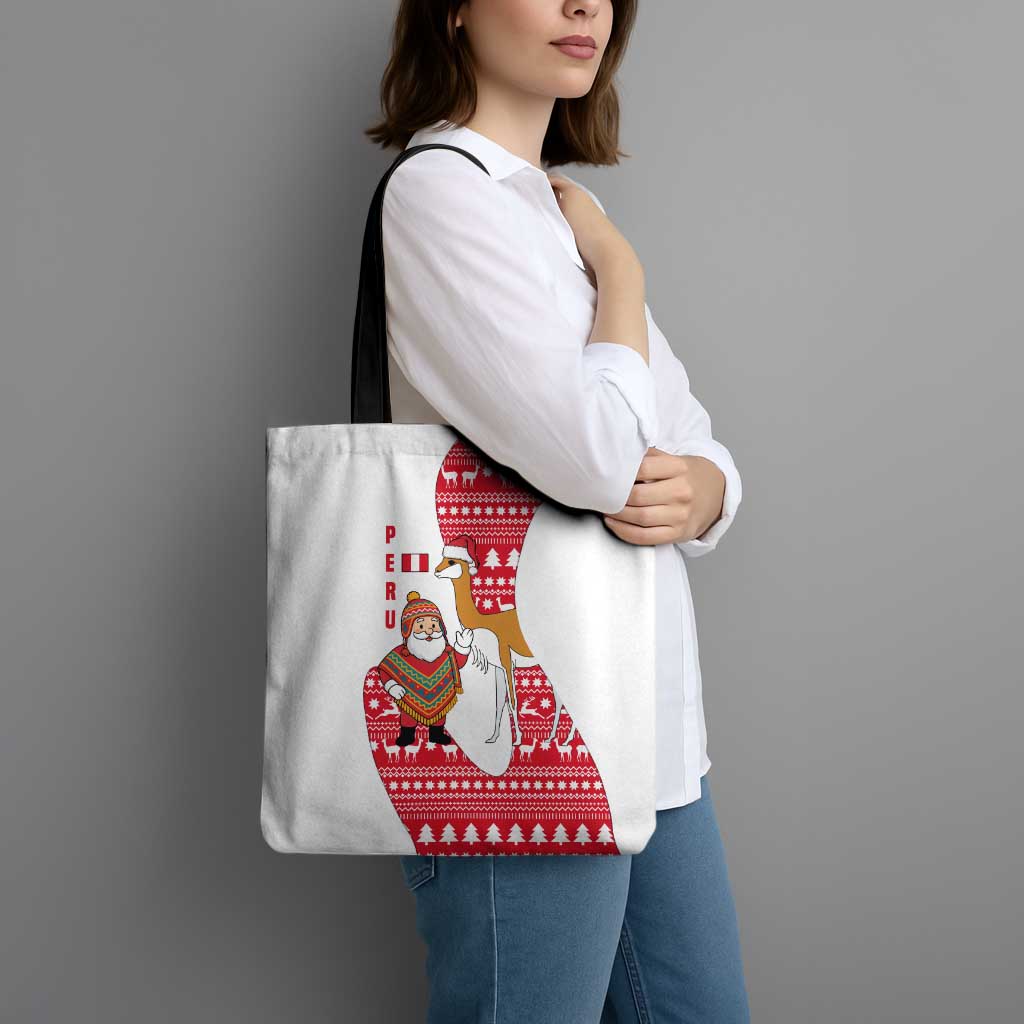Peru Christmas Tote Bag with Santa Claus Vicuña Andean Poncho and Red Festive Pattern Design - Wonder Print Shop