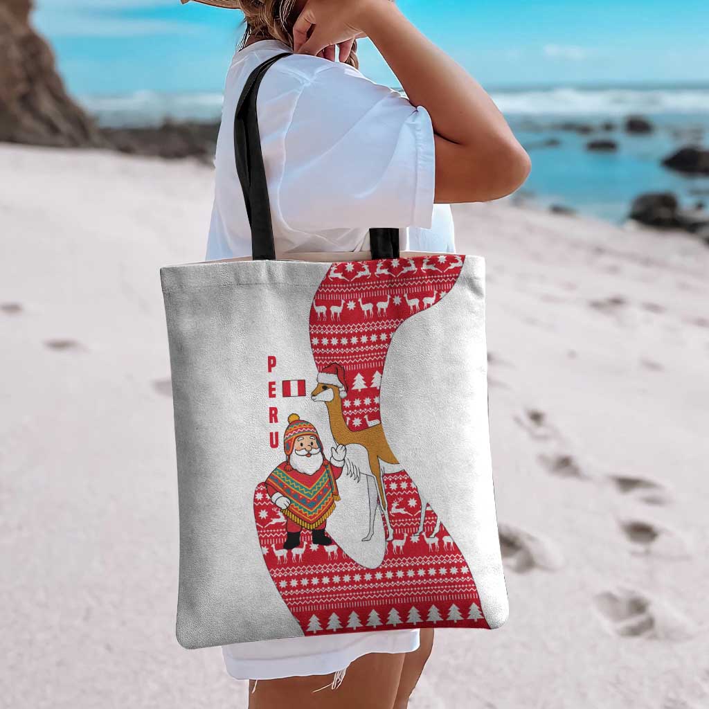 Peru Christmas Tote Bag with Santa Claus Vicuña Andean Poncho and Red Festive Pattern Design - Wonder Print Shop