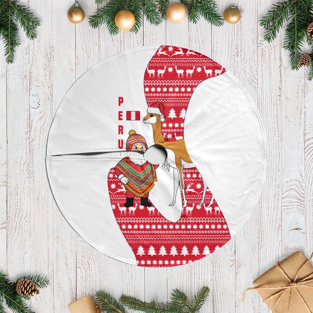 Peru Christmas Tree Skirt with Santa Claus Vicuña Andean Poncho and Red Festive Pattern Design - Wonder Print Shop