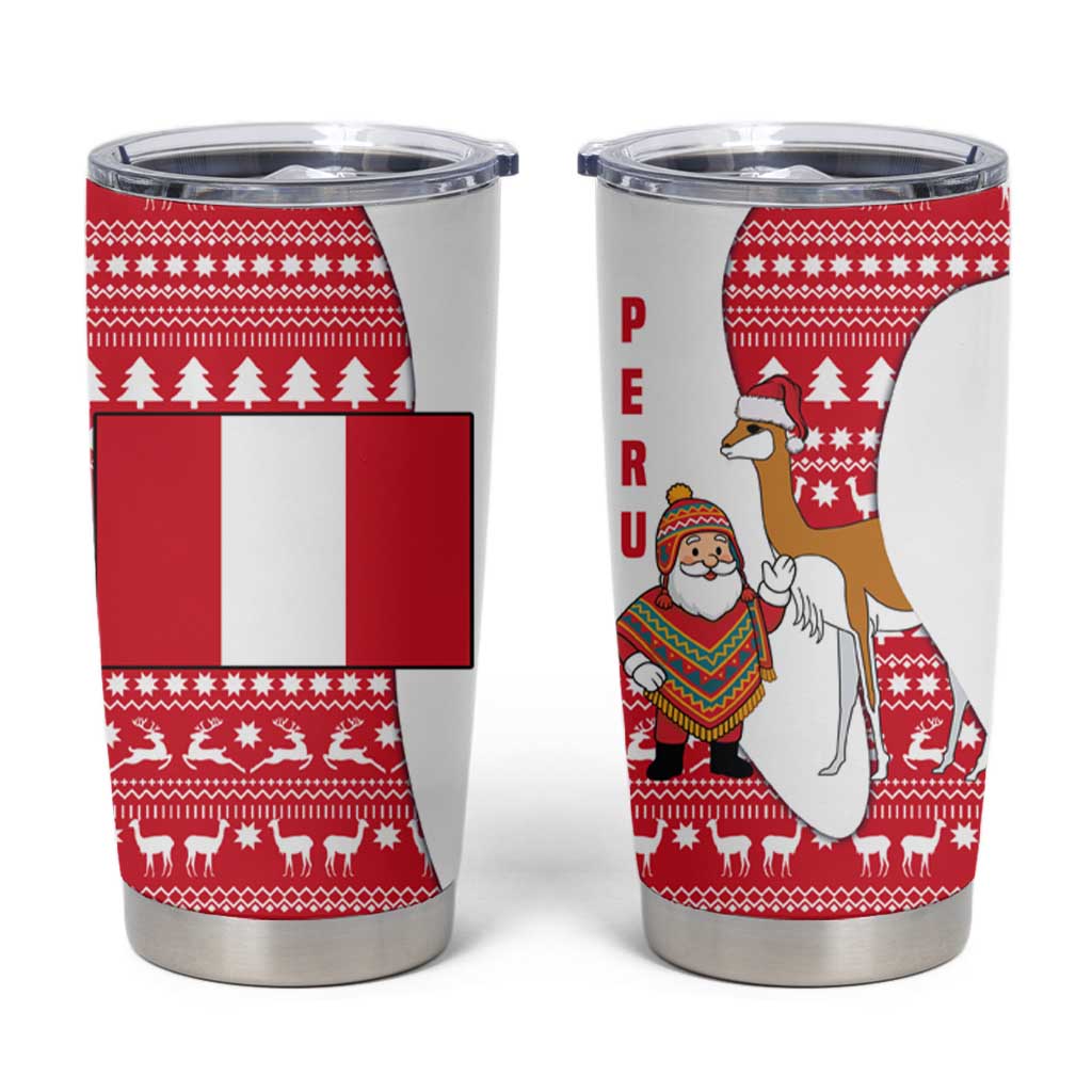 Peru Christmas Tumbler Cup with Santa Claus Vicuña Andean Poncho and Red Festive Pattern Design - Wonder Print Shop