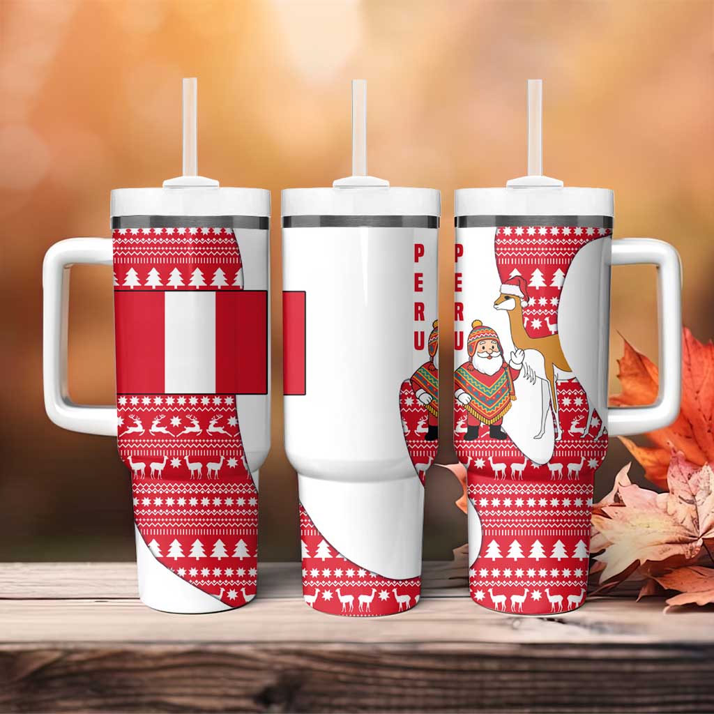 Peru Christmas Tumbler With Handle with Santa Claus Vicuña Andean Poncho and Red Festive Pattern Design - Wonder Print Shop