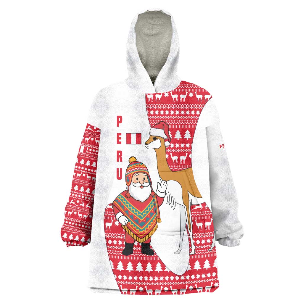 Peru Christmas Wearable Blanket Hoodie with Santa Claus Vicuña Andean Poncho and Red Festive Pattern Design - Wonder Print Shop