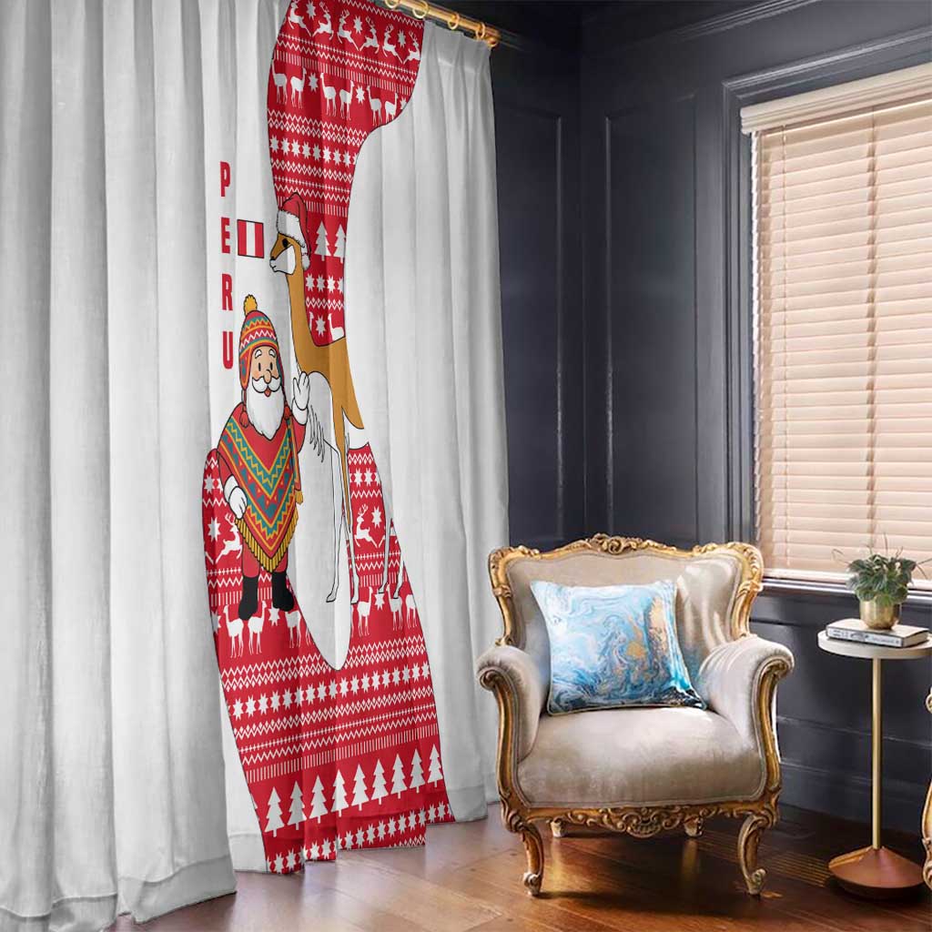 Peru Christmas Window Curtain with Santa Claus Vicuña Andean Poncho and Red Festive Pattern Design - Wonder Print Shop