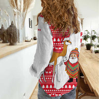 Peru Christmas Women Casual Shirt with Santa Claus Vicuña Andean Poncho and Red Festive Pattern Design - Wonder Print Shop