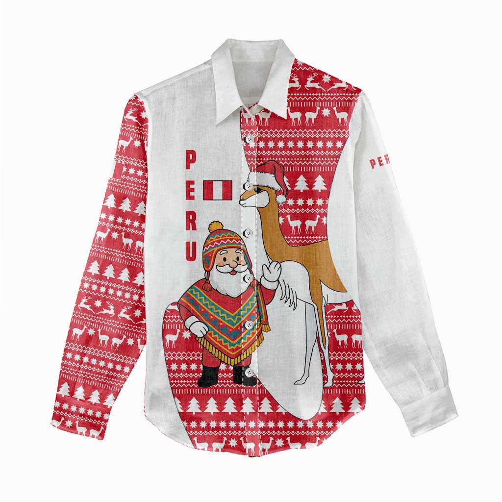 Peru Christmas Women Casual Shirt with Santa Claus Vicuña Andean Poncho and Red Festive Pattern Design - Wonder Print Shop